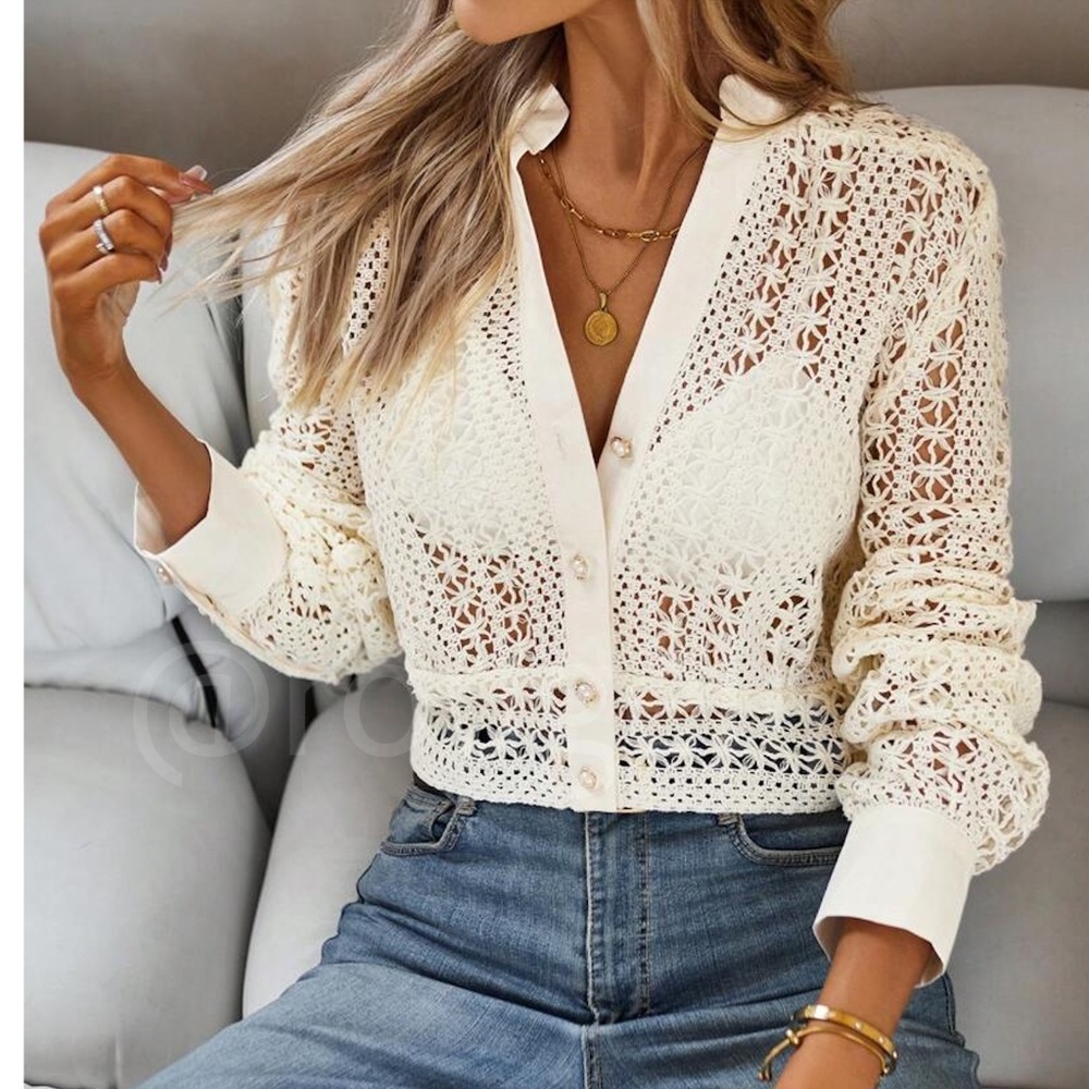 Hollow Out Knit Crochet Guipure Crop Shirt Long Sleeve Button Up Front